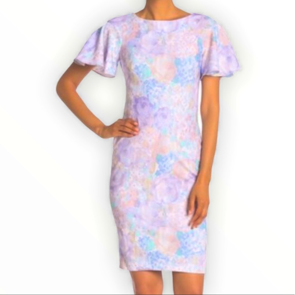 NWT - CALVIN KLEIN Pastel Colour Floral Dress with Scoop Neck and Flutter Sleeve